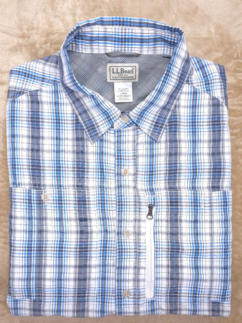L.L. Bean Blue Plaid Vented Fishing Hiking Shirt Men’s L Regular Zip Pocket